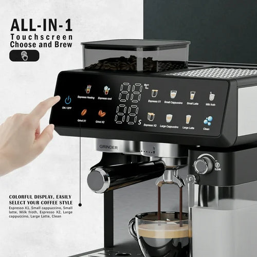 Bluebow All-in-One Espresso Machine with Grinder, 20-Bar Automatic Coffee Maker, Built-in Milk Frother for Latte & Cappuccino, Single/Double Shot Brew, Touchscreen - Stainless Steel