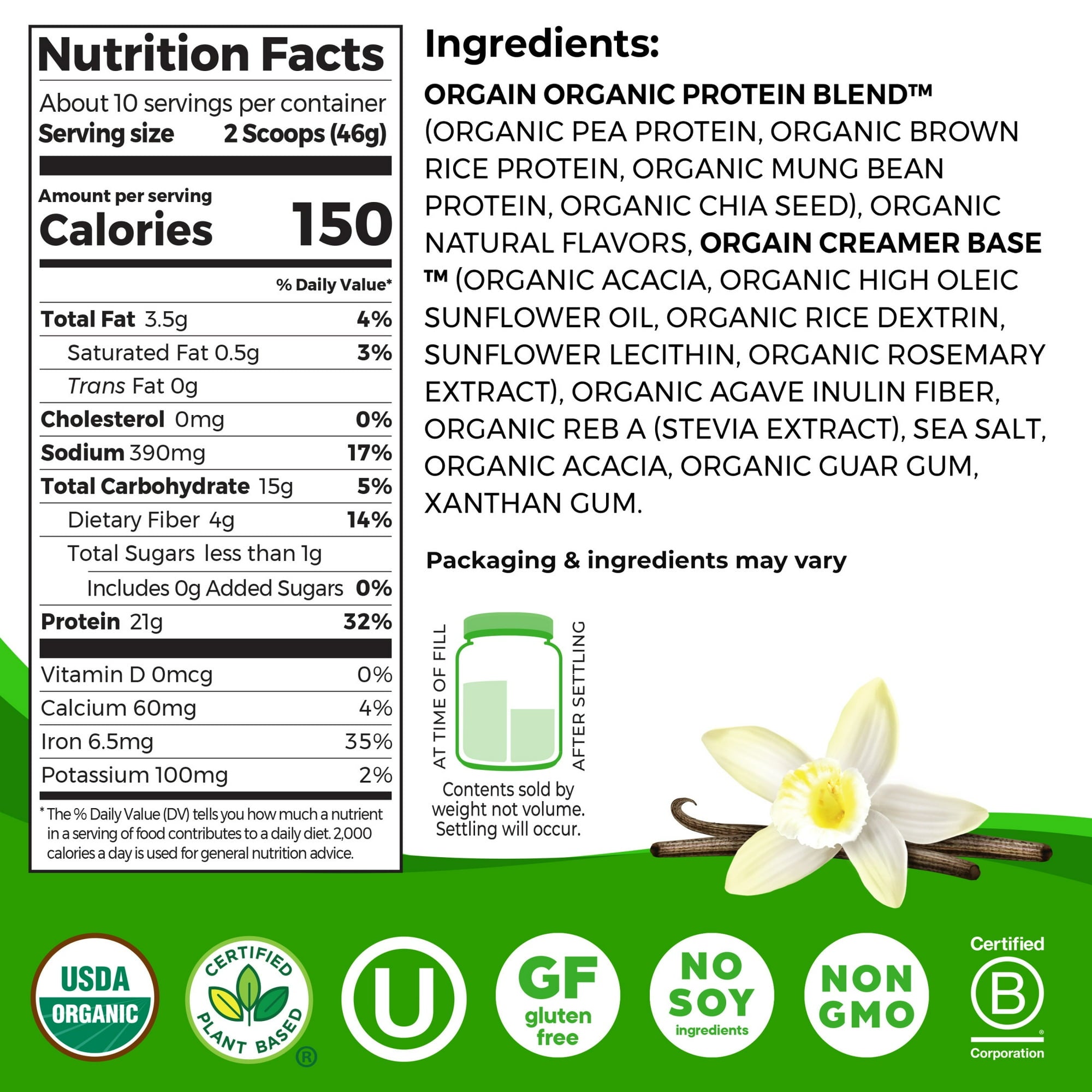 Orgain Organic Vegan 21g Protein Powder, Plant Based Shake Drink, Vanilla Bean 1.02lb