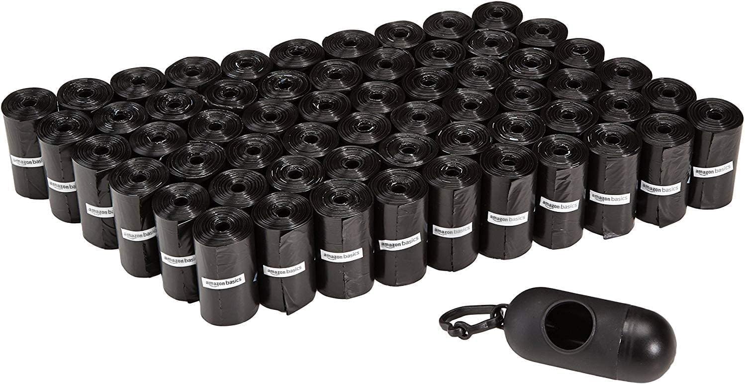 Basics Dog Poop Bags with Dispenser, 300 Count, Enhanced for Guaranteed Leakproof, Unscented, Includes Leash Clip
