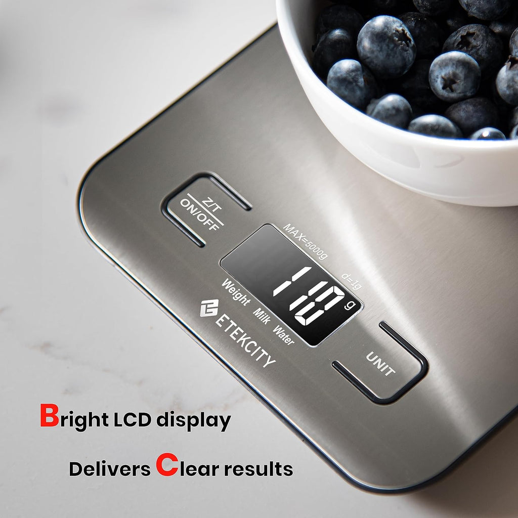 Etekcity Digital Kitchen Scale – Grams/Ounces, Stainless Steel, LCD, for Cooking & Meal Prep