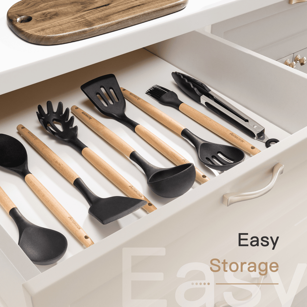 Astercook Silicone Cooking Utensils Set, 38 PCS Kitchen Utensils Set for 446°F Heat Resistant, Food Grade Utensil Sets with Wooden Handle, Kitchen Gadgets for Nonstick Cookware BPA Free (Black)
