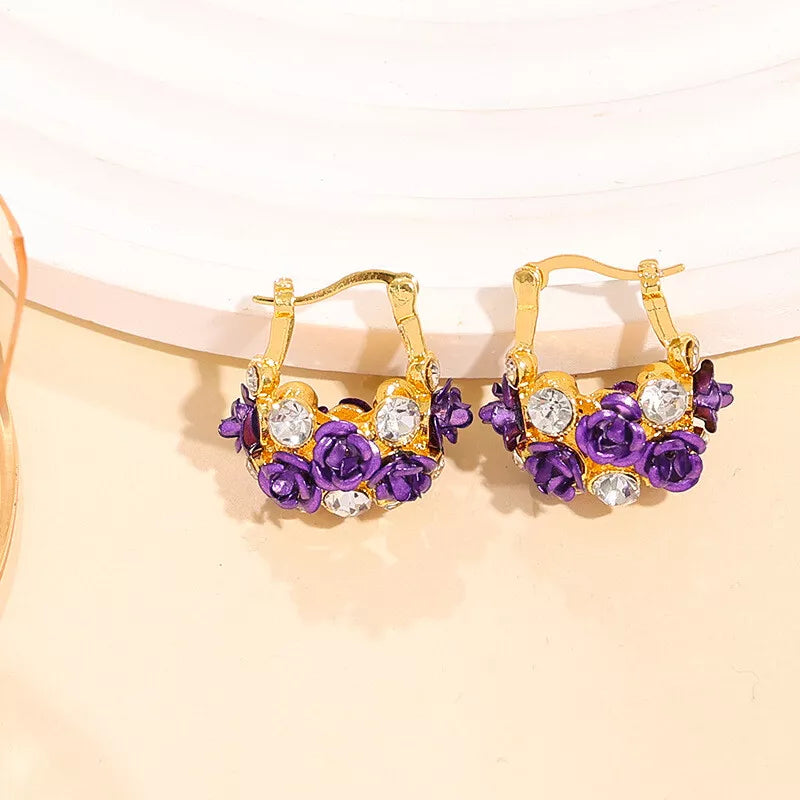 Roses with Diamonds U-Shape Fashion Flower Design Light Luxury Niche Earrings